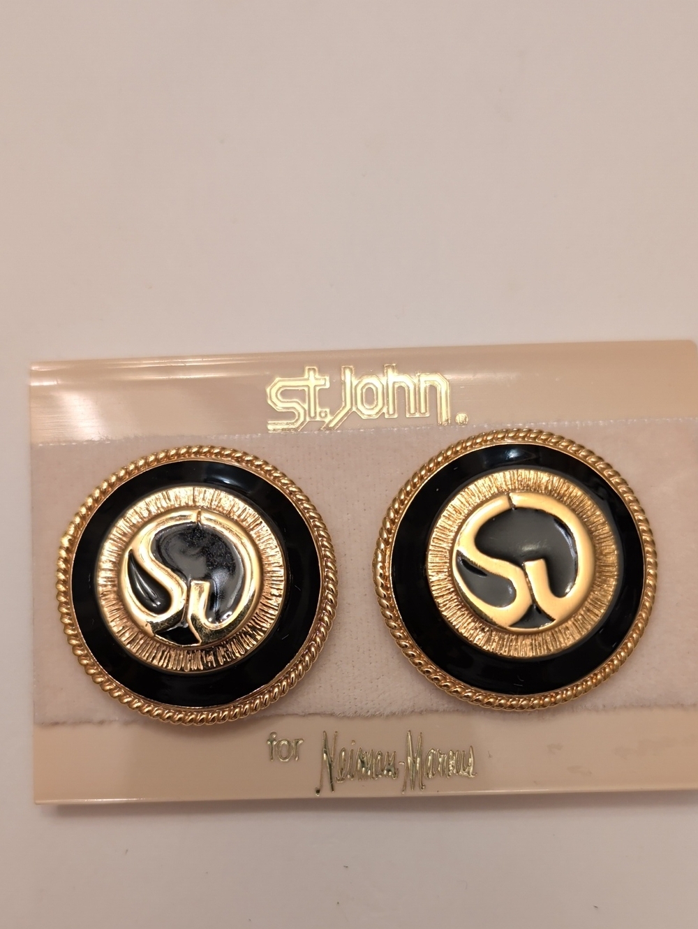 St. John Black and Gold Emblem Clip-On Earrings